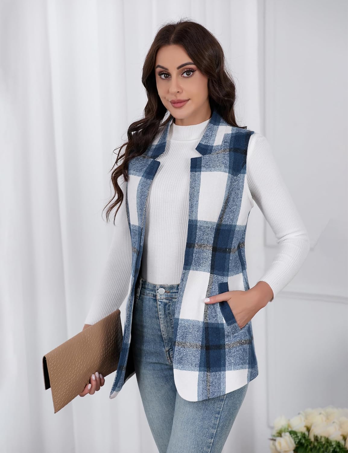 IDEALSANXUN Wool Plaid Vest for Women 2025 Fall Winter Sleeveless Blazer Jackets Trench Coat Casual Outwear Open Front Cardigan Top, Navy, M - Image 3