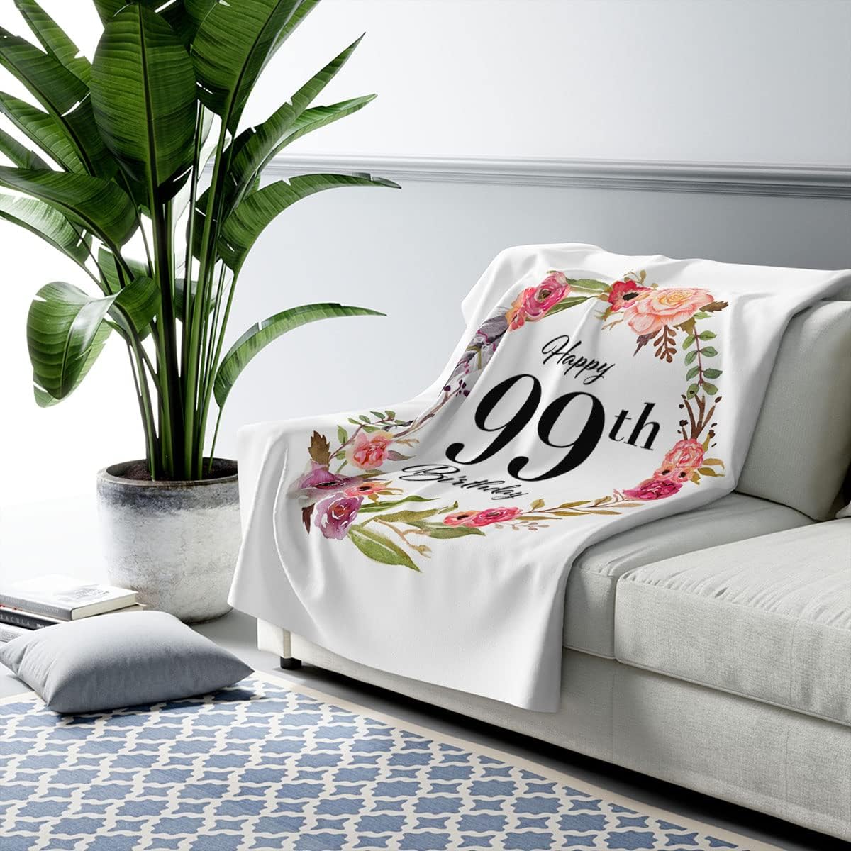 Happy 99th Birthday Throw Blanket Gifts for 99 Year Old Women - BD Present for Party Decoration - Bed Sofa Couch - Floral Design - Colorful - Sherpa Fleece - 50x60