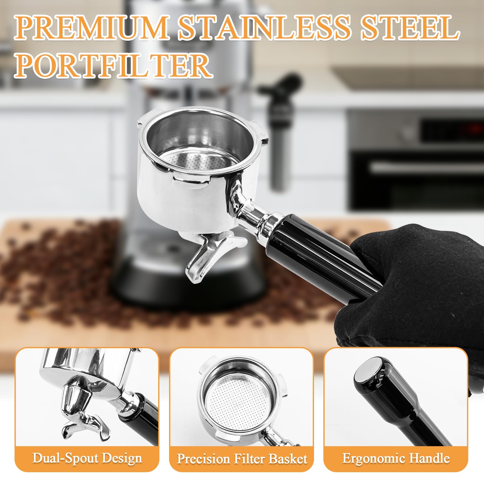 Porte-filtre 51mm 3 Oreilles à Double Bec en Acier Inoxydable - Compatible Delonghi Dedica EC685 EC680 EC785 - Poignée ABS Ergonomique - Noir