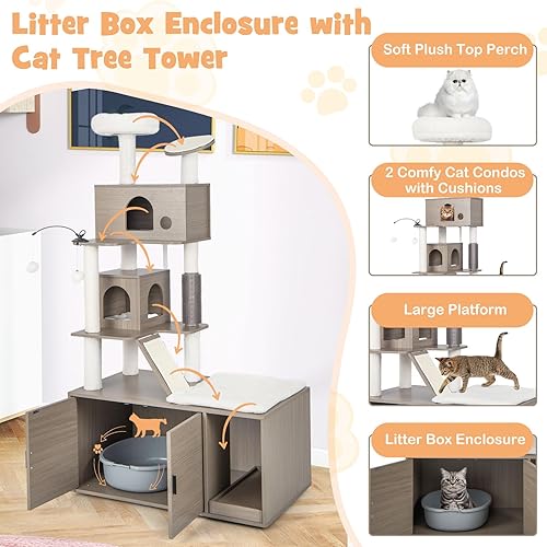 Miniatura 6 de Tangkula Árbol para gatos con caja de arena, torre para gatos con caja de arena, 2 condominios, postes rascadores, alfombrillas rascadoras de sisal,