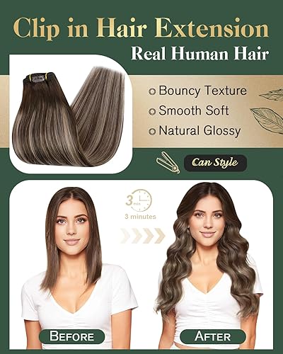 Miniatura 4 de Ugeat Extensiones de cabello humano real con clip, de 24 pulgadas, balayage, color marrón oscuro con rubio ceniza, #4184, 7 unidades, 4.23 onzas