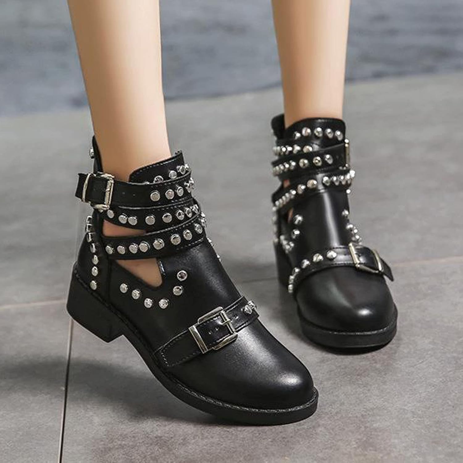 BlackeEight Women's Black Rivet Studded Buckle Strap Ankle Boots,Gothic Punk Cutout Block Heel Motorcycle Cowboy Combat Booties