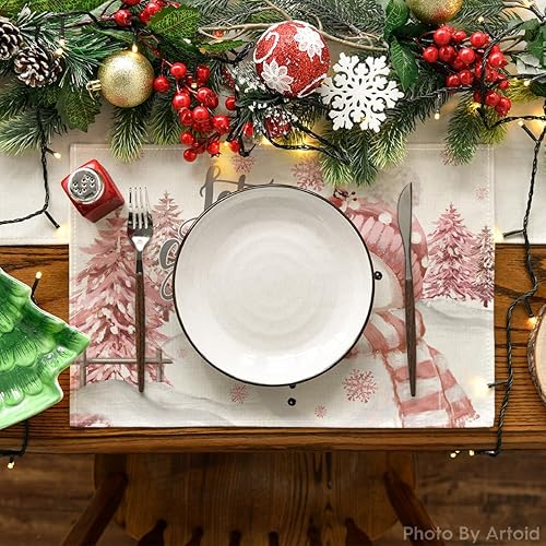Miniatura 2 de Artoid Mode Juego de 4 manteles individuales de Navidad con diseño de árbol de Navidad Let It Snow Pink Snowman de 12 x 18 pulgadas para decoración