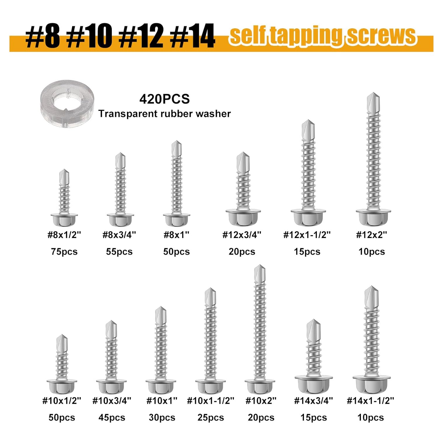 weideer 840pcs #14#12#10#8 Self Tapping Screws for Metal,410 Stainless Steel Screws Assortment Kit, Hex Washer Head Quick Tapping Self Drilling Screw with Rubber Washer (420 Sets) K-189