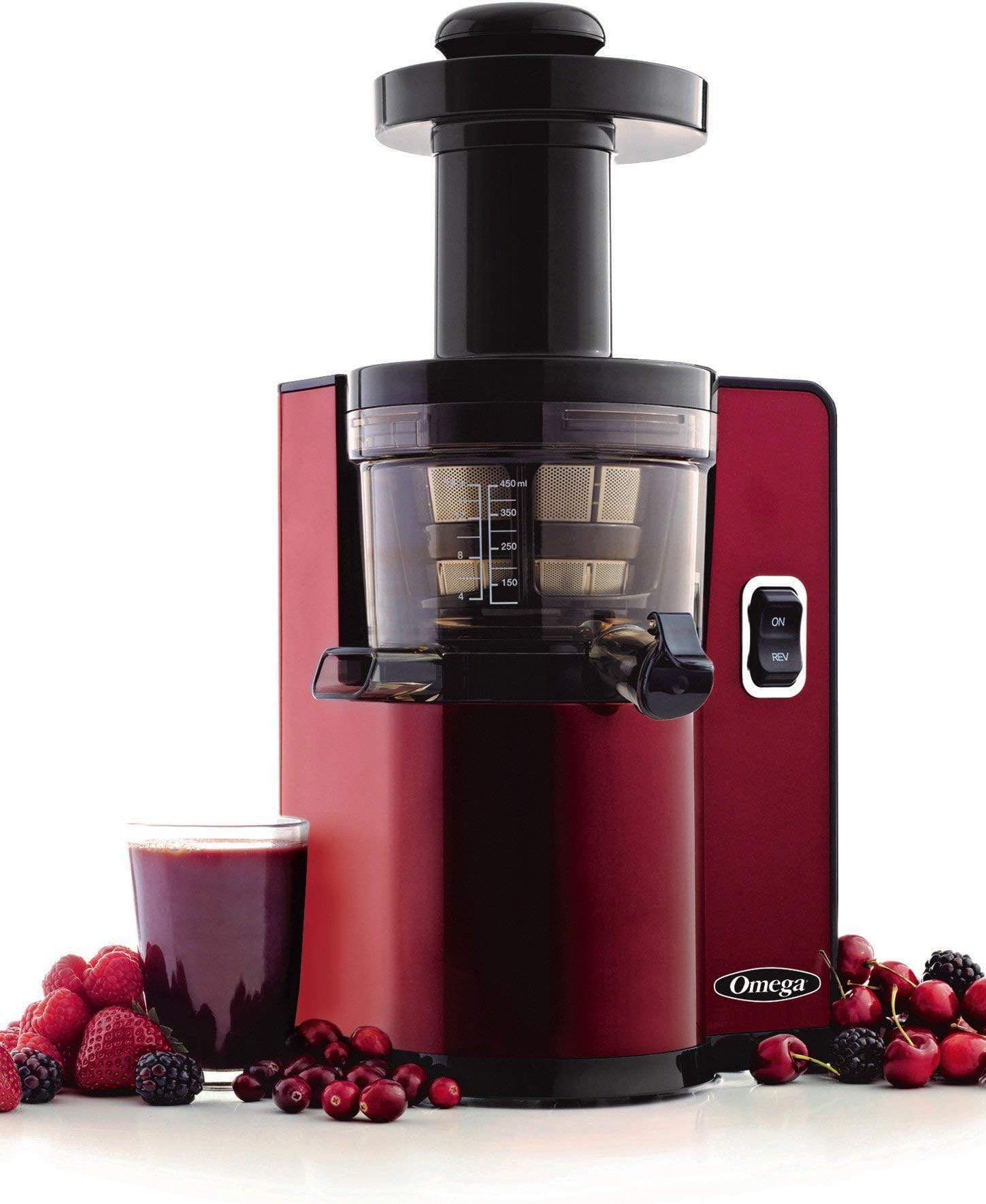 Omega VSJ843QR Vertical Slow Masticating Juicer Makes Continuous Fresh Fruit and Vegetable Juice at 43 Revolutions per Minute Features Compact Design Automatic Pulp Ejection, 150-Watt, Red (Renewed)