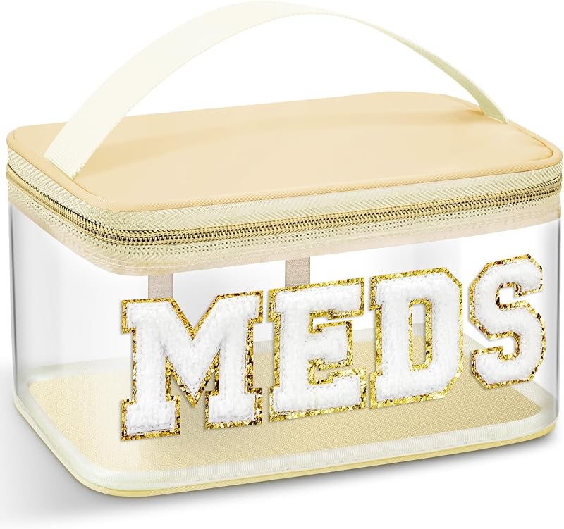 Geetery Necessaire de viagem Bege com letras chenille MEDS, transparente