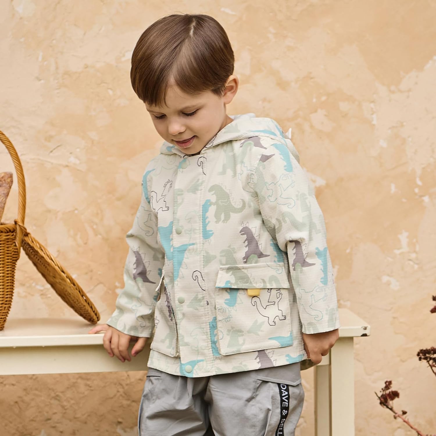 DAVE&BELLA Baby Boys Dinosaur Print Hooded Windbreaker Jacket for Toddler Cartoon Zip Lightweight Outerwear Spring Fall Coat