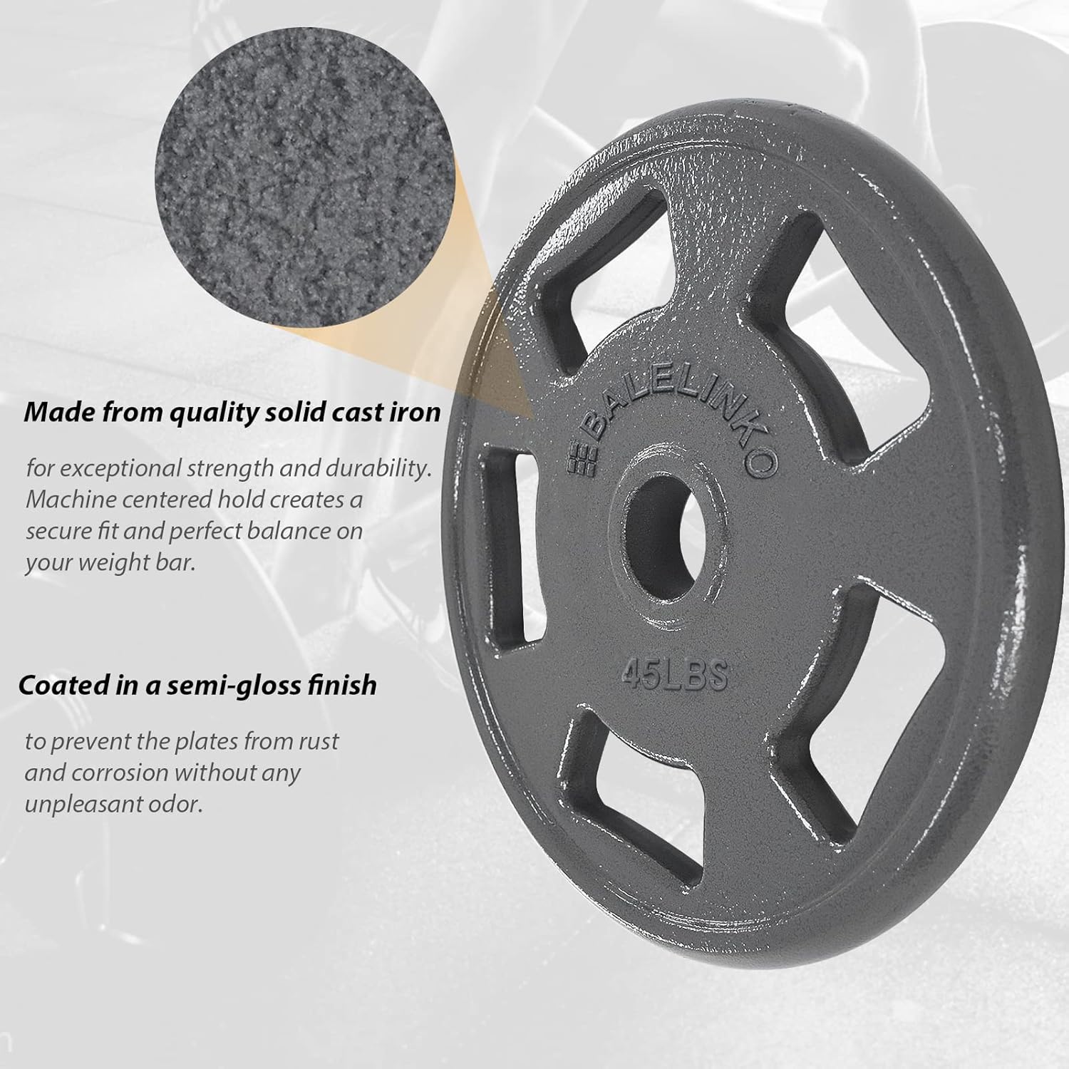 Balelinko Cast Iron 2-Inch Olympic Grip Plate Weight Plate for Strength Training, Weightlifting and Crossfit in Single, 45LB, Gray