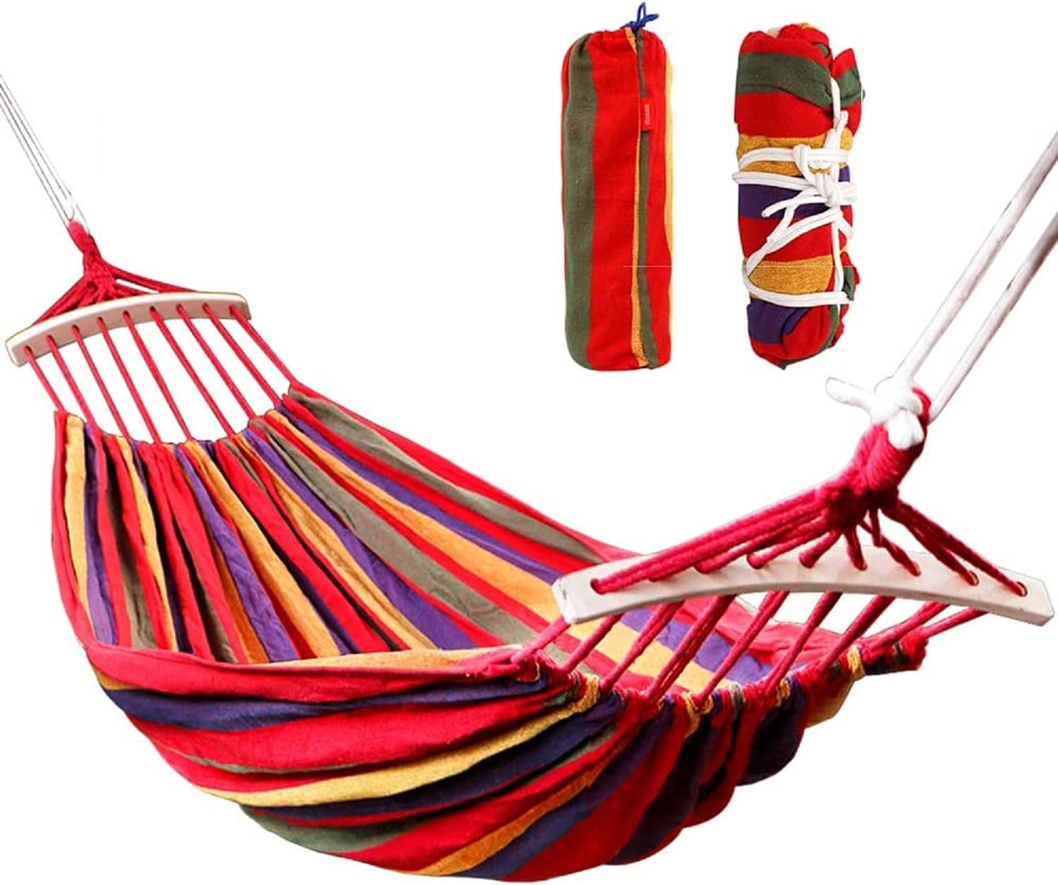 Baskety Cotton Fabric Canvas Travel Hammocks Light Camping Hammock Portable Beach Swing Bed with Hardwood Spreader Bar Tree Hanging Outdoor Indoor (280 x 100 cm(Wooden Strip), Red)