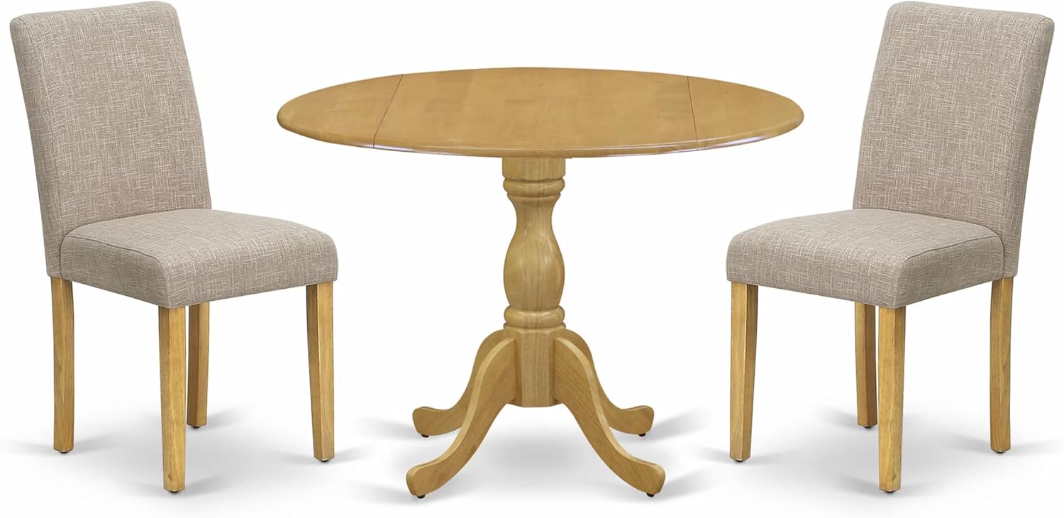 East West Furniture DMAB3-OAK-04 3 Piece Kitchen Table Set Contains a Round Dining Room Table with Dropleaf and 2 Light Tan Linen Fabric Parsons Dining Chairs, 42x42 Inch, Oak
