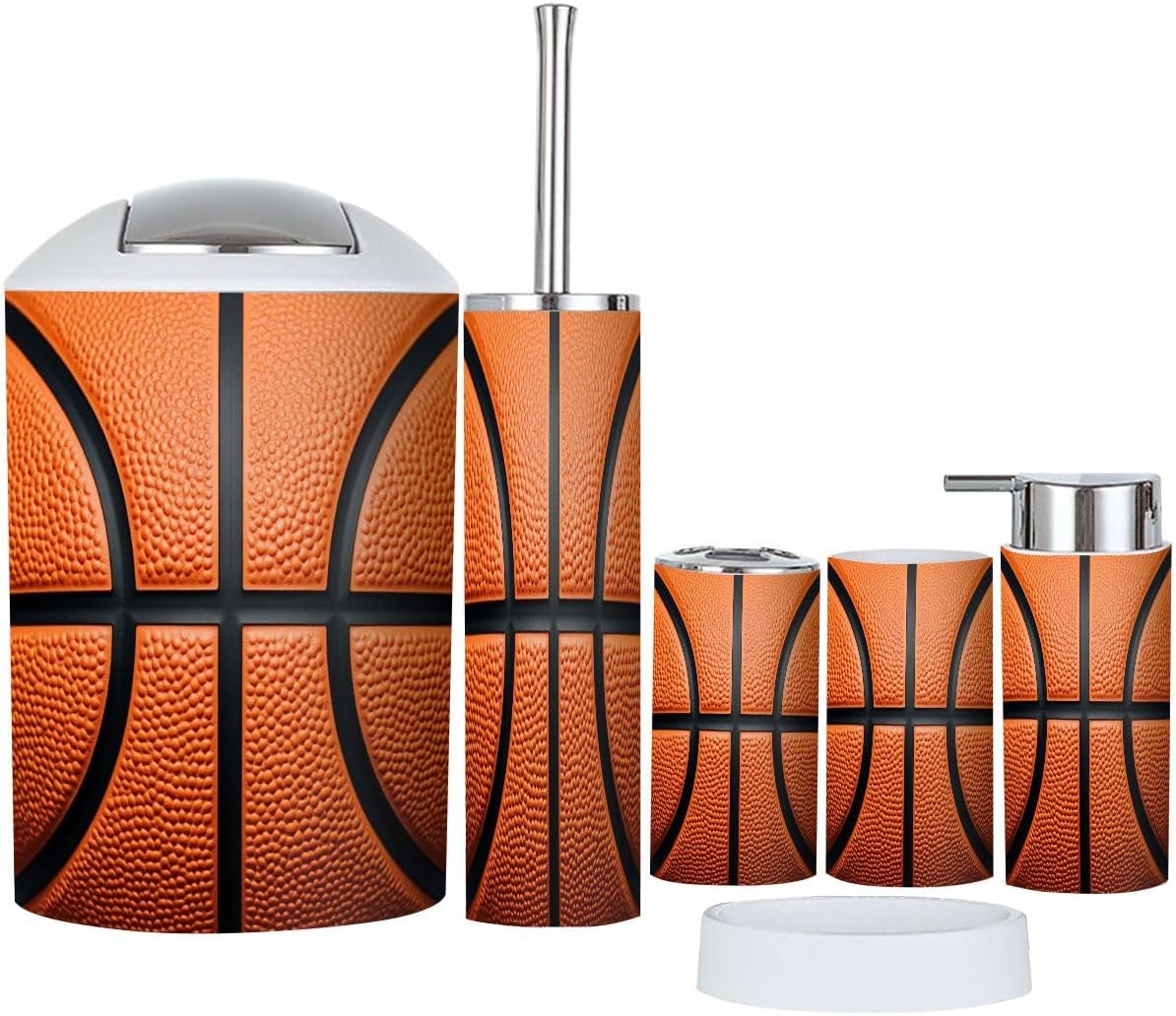 Bathroom Accessories Set 6 Pcs Basketball Toothbrush Holder Cup Soap Dispenser Soap Dish Toilet Brush Holder Trash Can for Countertop Decor