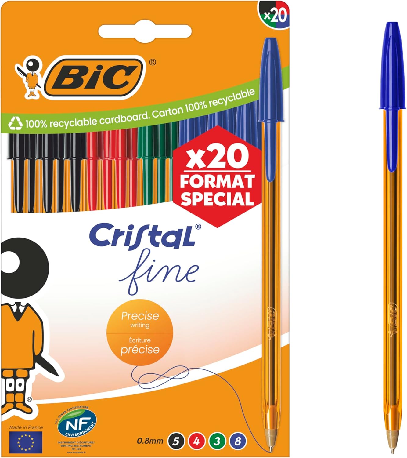 BIC Cristal Original 0.8mm Fine Point Fineliner Pens with Translucent Orange Body, Assorted Colours, Box of 20