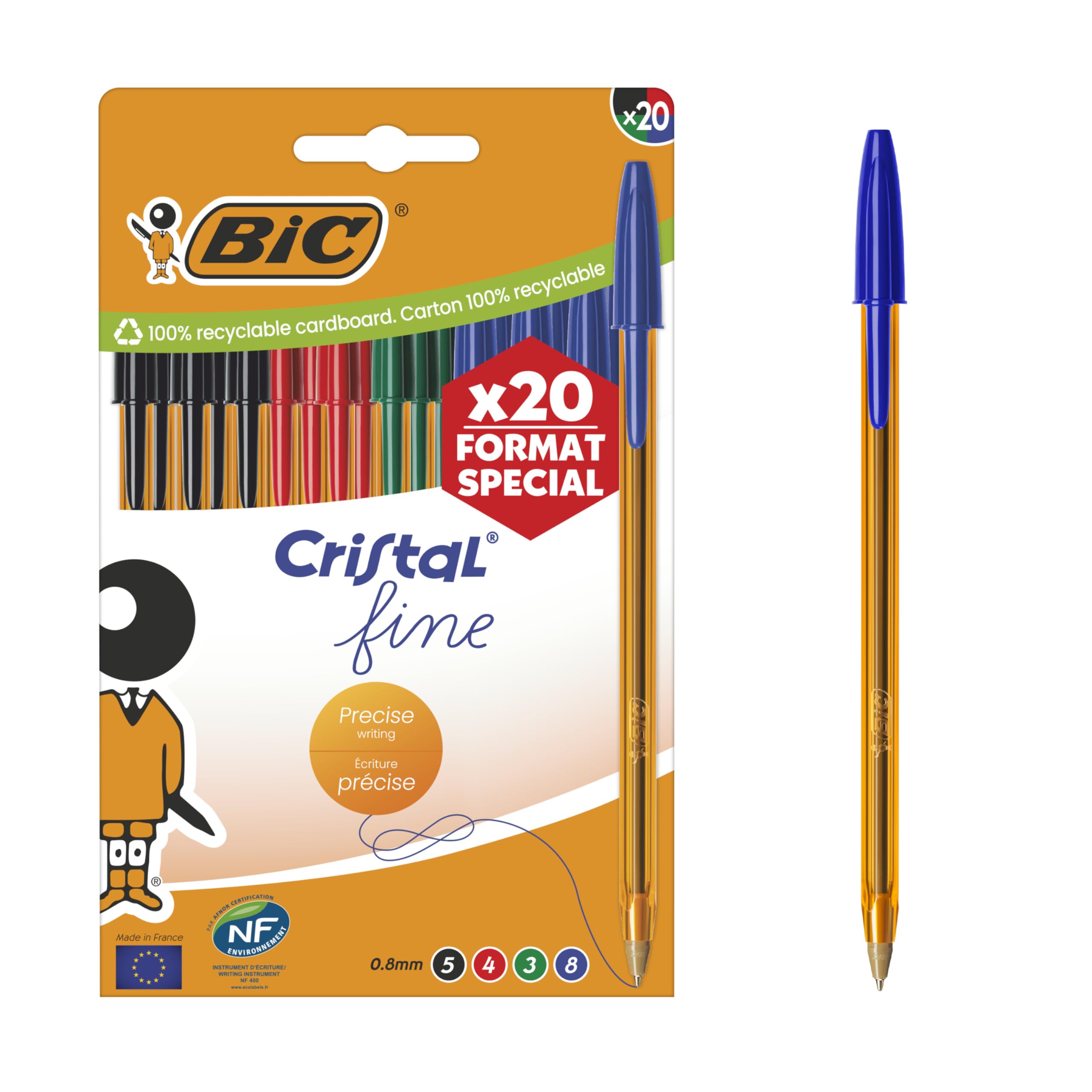 BIC Crystal Original Fine Point Pens (0.8mm) Translucent Orange Body - Assorted Colors, Box of 20