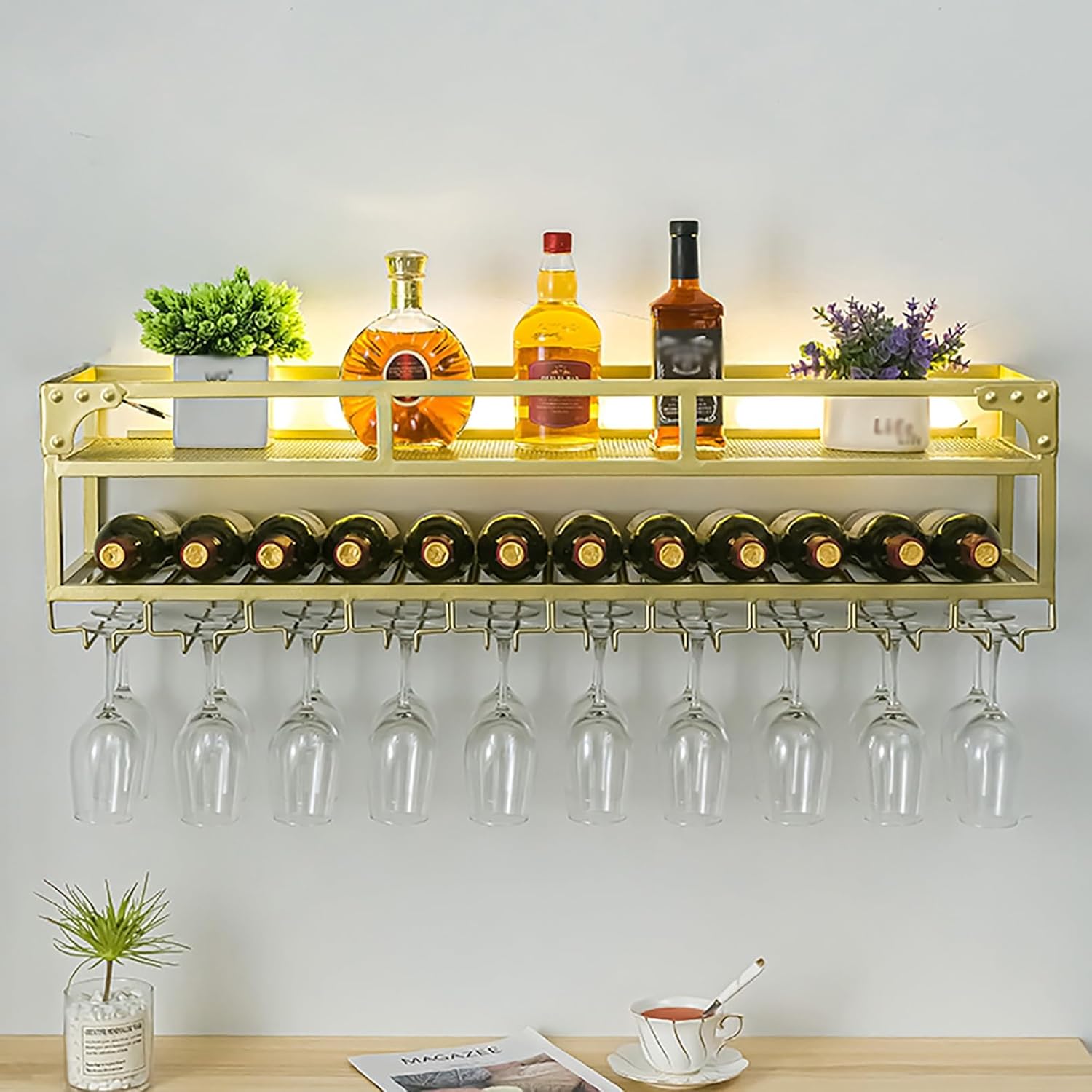 Wall Mounted Wine Rack, Multi Functional Storage Shelf, Bar Unit Floating Wine Storage Display Rack, Champagne Stemware Glass Storage Rack, for Home Western Restaurant Decor (Color