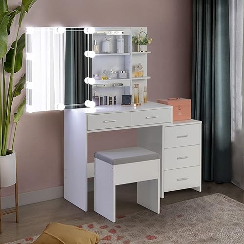 Vista 6 de Makeup Vanity with Lights and Chair Set - Vanity Desk Set - Vanity Mirror with Lights - Adjustable 3-color LED Lights - Dressing Table with 5