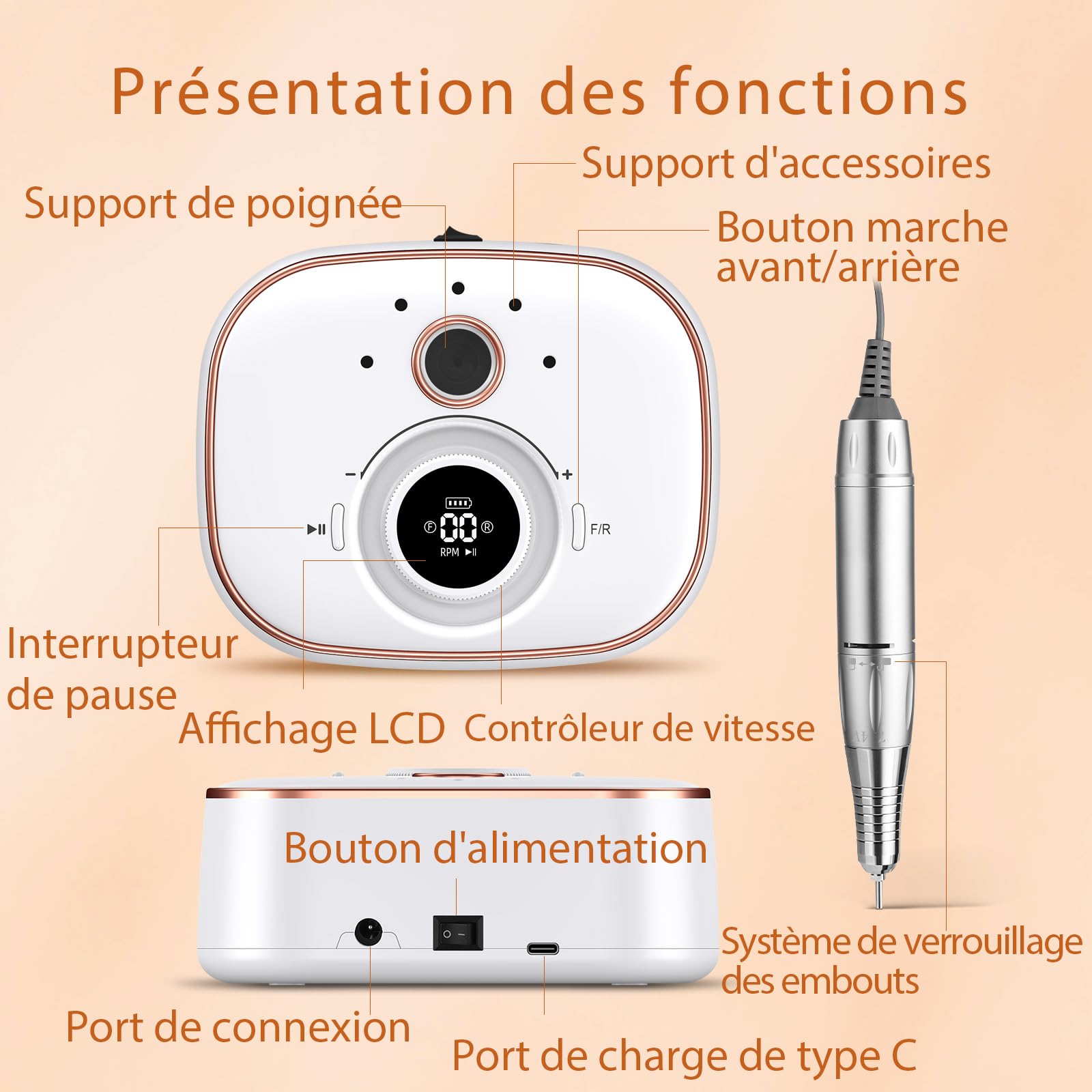 Ponceuse pour Ongles Professionnel 35000 Rpm : Ponceuse pour Ongles éLectrique 13 En 1 Avec Batterie de 4000 Mah - Lime à Ongles Professionnelle - Kit Manucure et PéDicure
