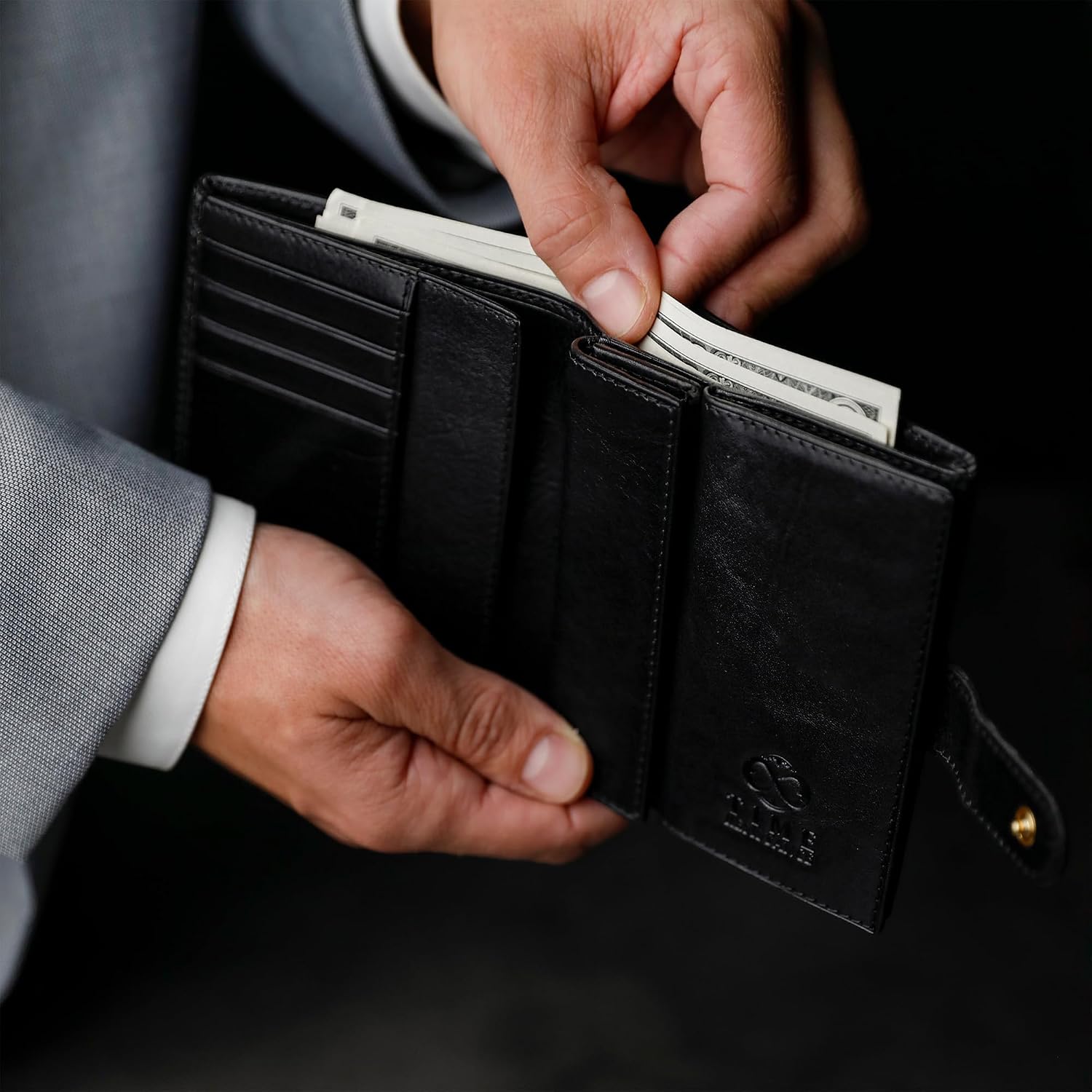 Time Resistance Men's Leather Wallet - Minimalist Wallet Design with Credit Card Holder, Magnetic Coin Holder, Cash Slots - Secured with a Metal Snap Button Closure (Black)
