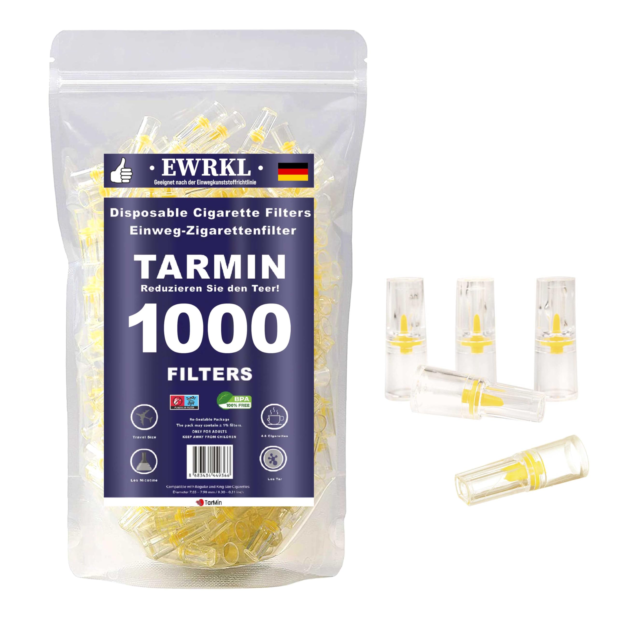 TARMIN Zigarettenfilter 8 mm  1000 Stck AntiTeer Filteraufstze   Kunststoff-Filteraufstze zur Reduktion von Teer & Nikotin fr Standard-  und KingSize-Zigaretten  BPA-frei, wiederverwendbar : Amazon.de:  Elektronik & Foto