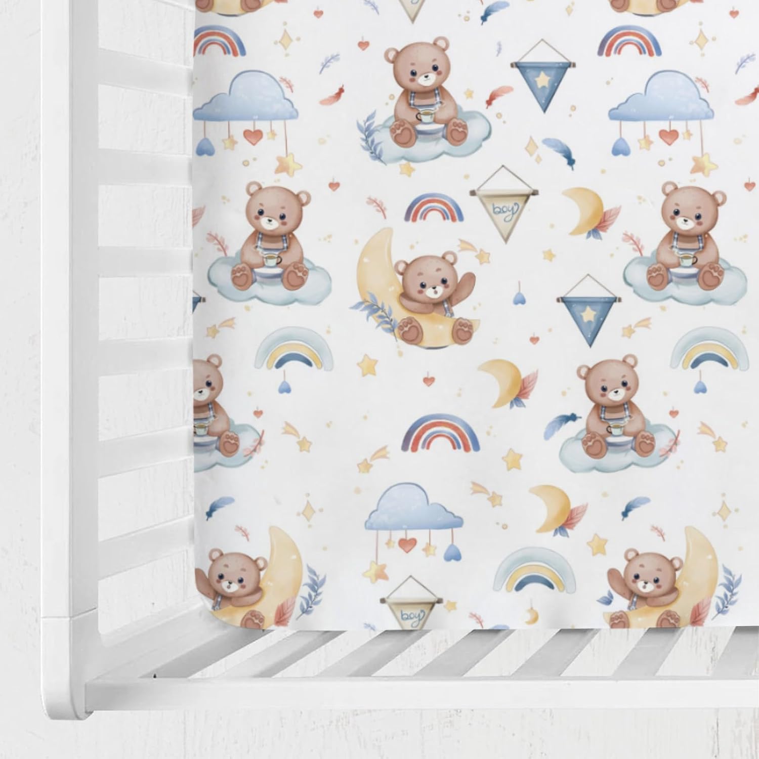 Cartoon Cute Bear Baby Crib Mattress Sheet 52''x28'' Bear Rainbow Moon Stars Clouds Leaf Snug Fitted Crib Mattress Cover for Boy Girl Soft Nursery Standard Crib Toddler Mattress Pad Cover Blue