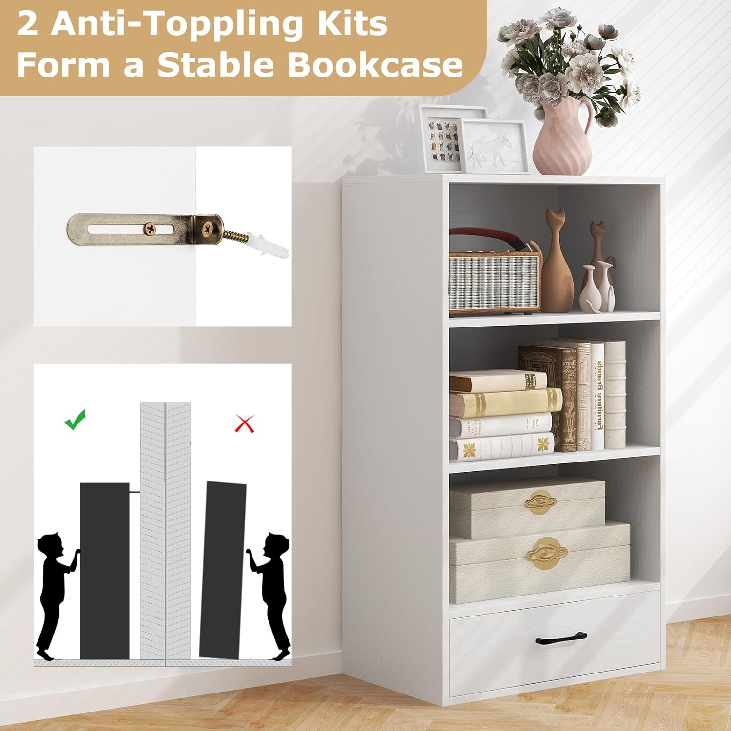 Giantex 4-Tier Bookcase with Drawer, Freestanding Bookshelf with 3 Open Shelves, Modern Display Shelf with Anti-Toppling Kits, Floor Storage Organizer for Living Room, Study, Home, Office (White)