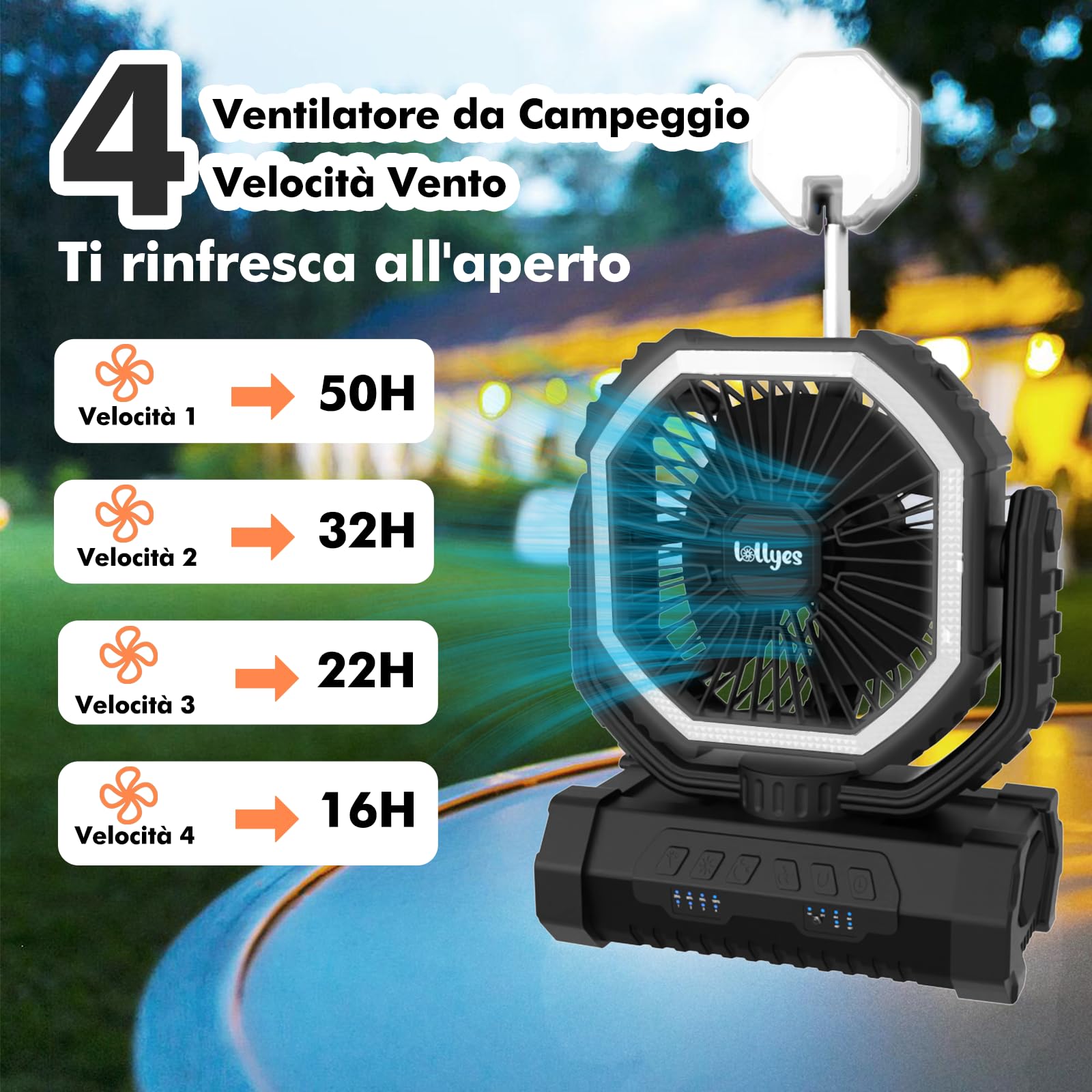 Ventilatore da Campeggio con Luce, Alimentazione a Batteria 20000mAh, Ventilatore Portatile Ricaricabile con Telecomando e Gancio Rotante a 360°, 4 Velocità per Interni, Viaggi, Camper (Nero)