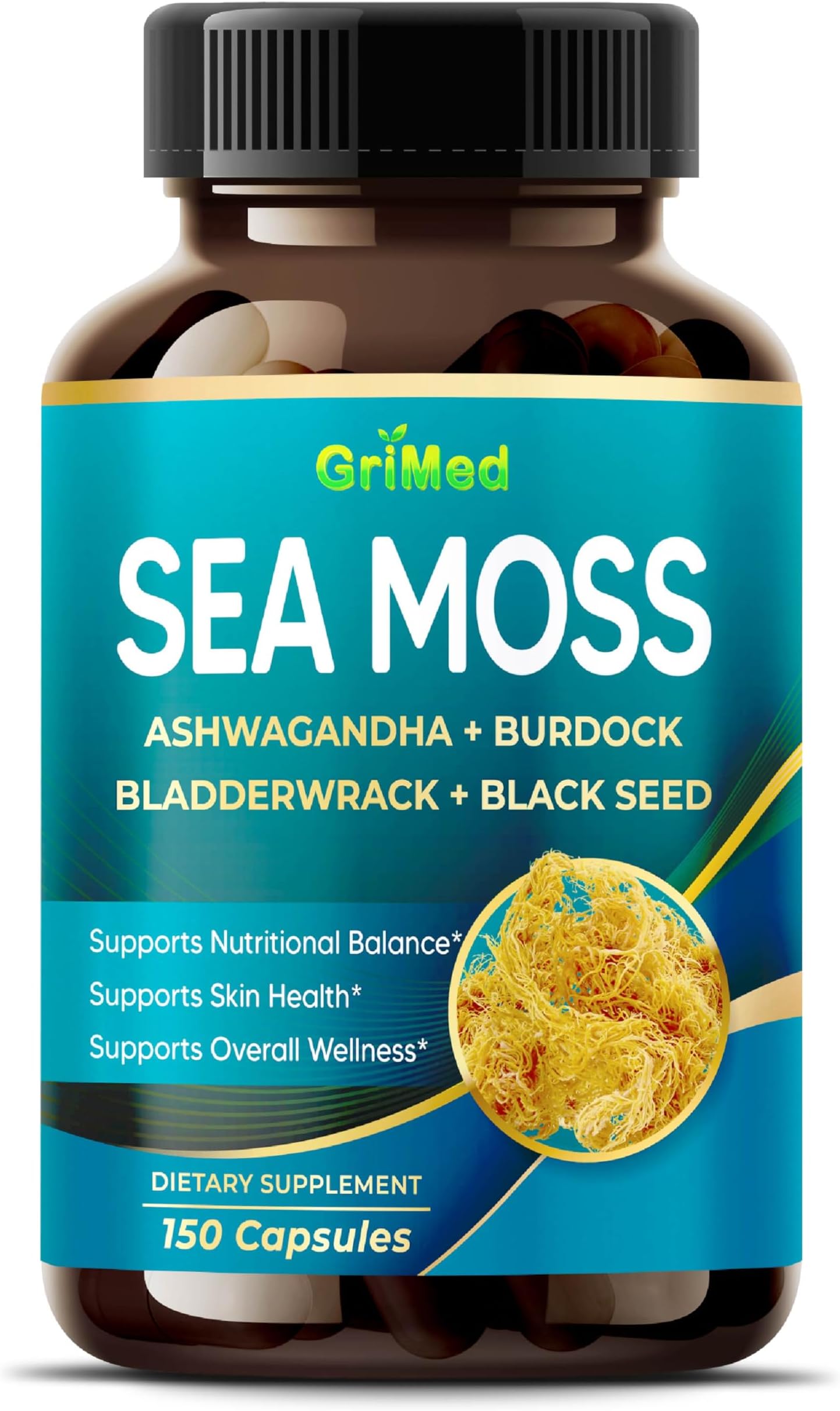 Premium Sea Moss with Ashwagandha, Burdock Bladderwrack, Black Seed for Immune System, Skin, Digestion & Energy (150 Count (Pack of 1))