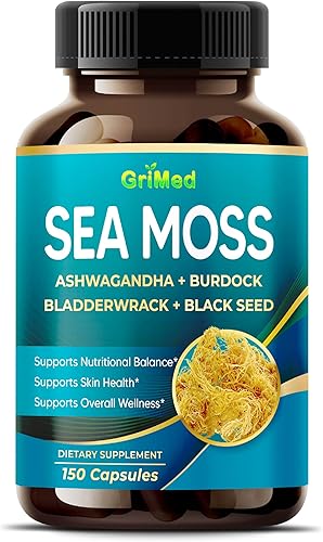 Musgo marino prémium con Ashwagandha, vejiga de bardana, semillas negras para sistema inmunológico, piel, digestión y energía (150