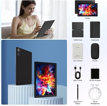 Tablets 10 inch Tablet Android 16,24GB RAM 64GB ROM (1TB TF Expand),5G WiFi 6,1280 x 800 HD, 5MP+8MP Dual Camere,Android Tablet with Keyboard, Stylus, Mouse, Earphone, Case (Black)