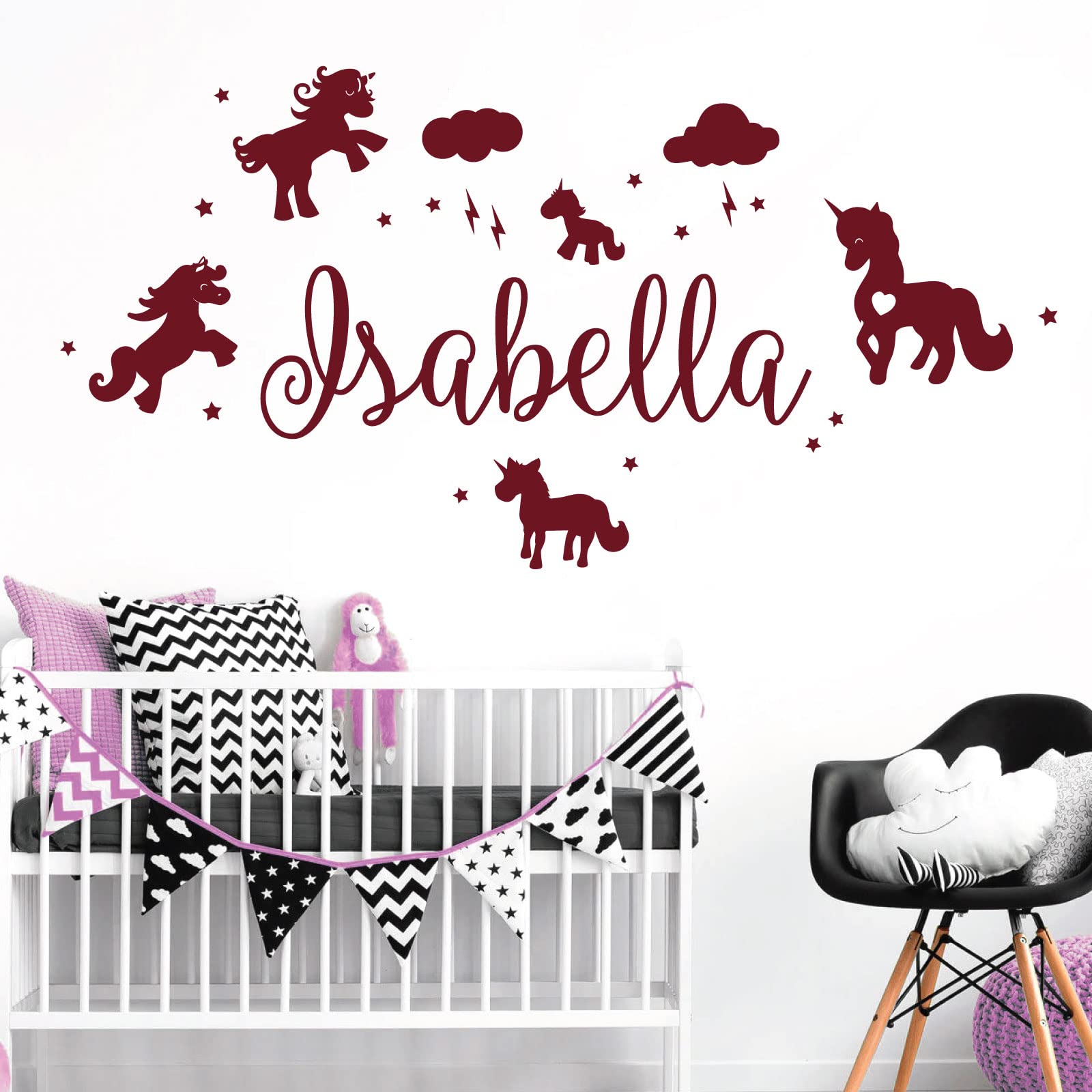 Unicorns, Stars & Clouds - Personalised Name Girls Wall Art Sticker [Large] [Burgundy]