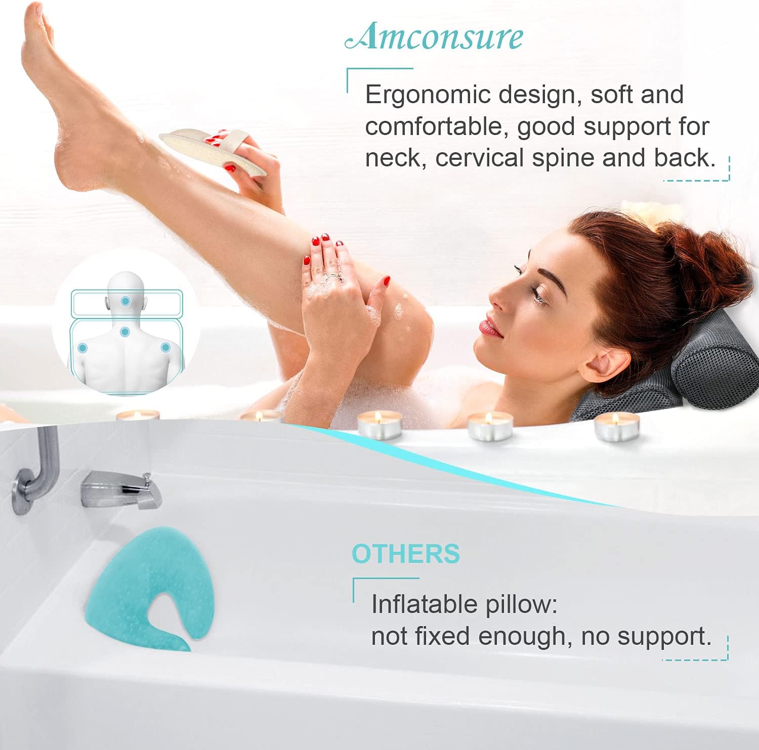 Bath Pillow, Amconsure Luxury Bath Pillow for Tub with 4D Air Mesh Technology and 6 Strong Suction Cups, Bathtub Spa Pillow for Neck, Head & Shoulders and Back Support, Fits all Bathtub and Home Spa : Beauty & Personal Care