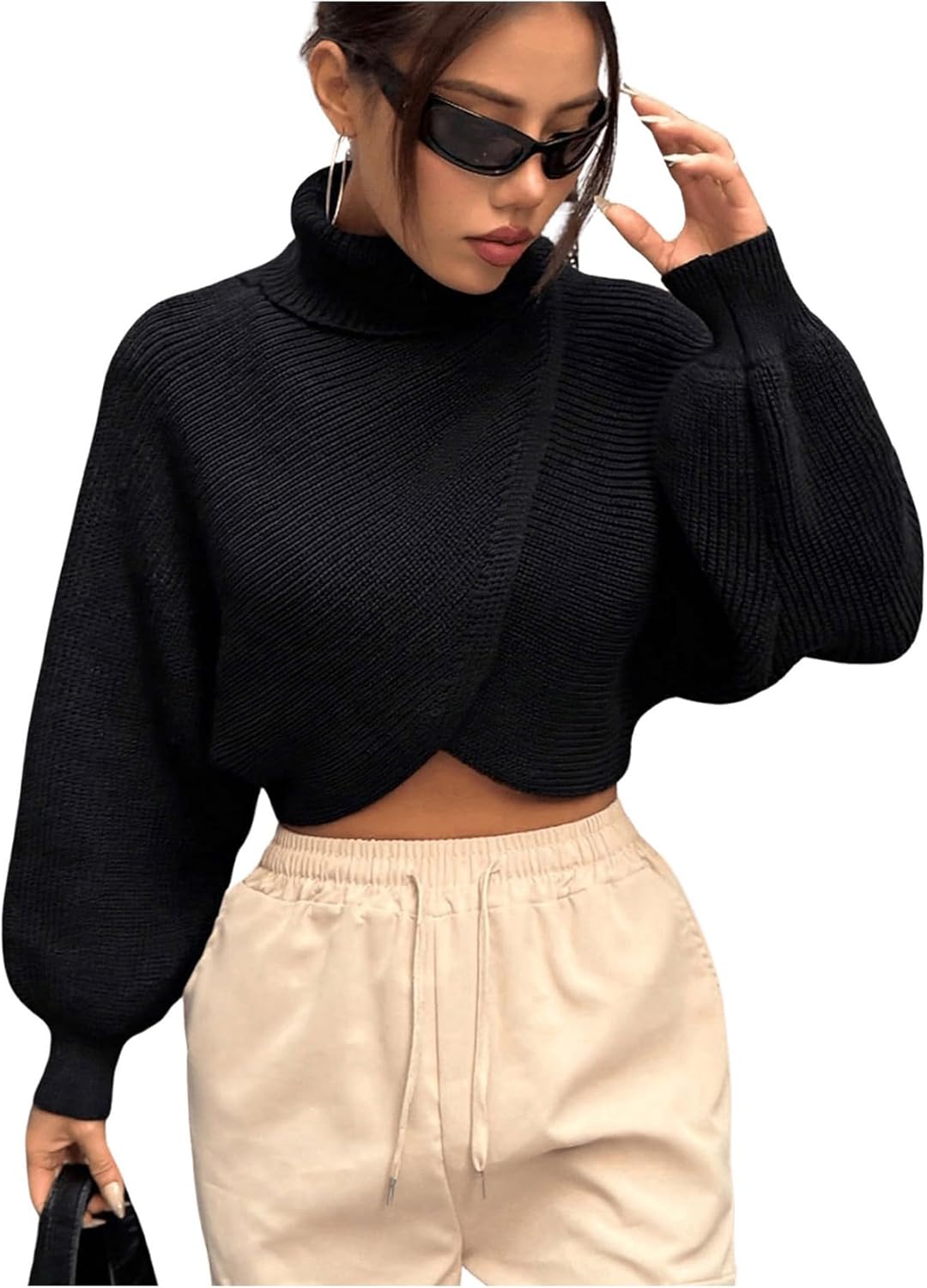 SOLY HUX Sweaters for Women Turtleneck Wrap Asymmetrical Hem Knit Cropped Pullover Tops Bishop Long Sleeve Fall Sweater