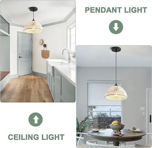 Miniatura 5 de 3 Pack Woven Pendant Light Fixtures,10.2" White Rattan Pendant Lights Farmhouse Basket Light Fixture Adjustable Boho Hanging Lamp for Kitchen Island