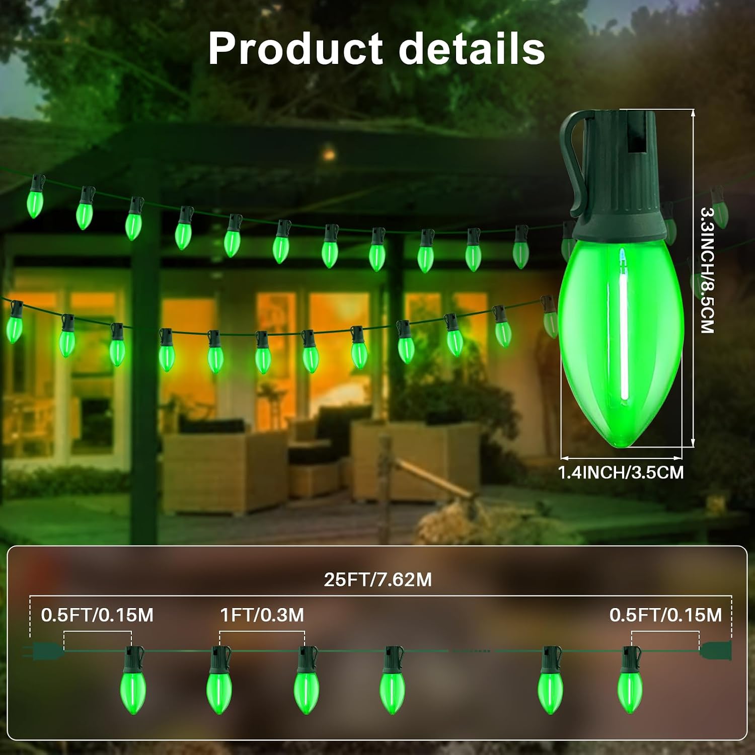 LAMPHOME Outdoor St Patrick's Day Lights 25FT C9 Vintage Christmas String Lights with 25LED, Hanging C9 Green String Lights for Christmas Garden Patio Backyard Party Decor, Green Wire image 5