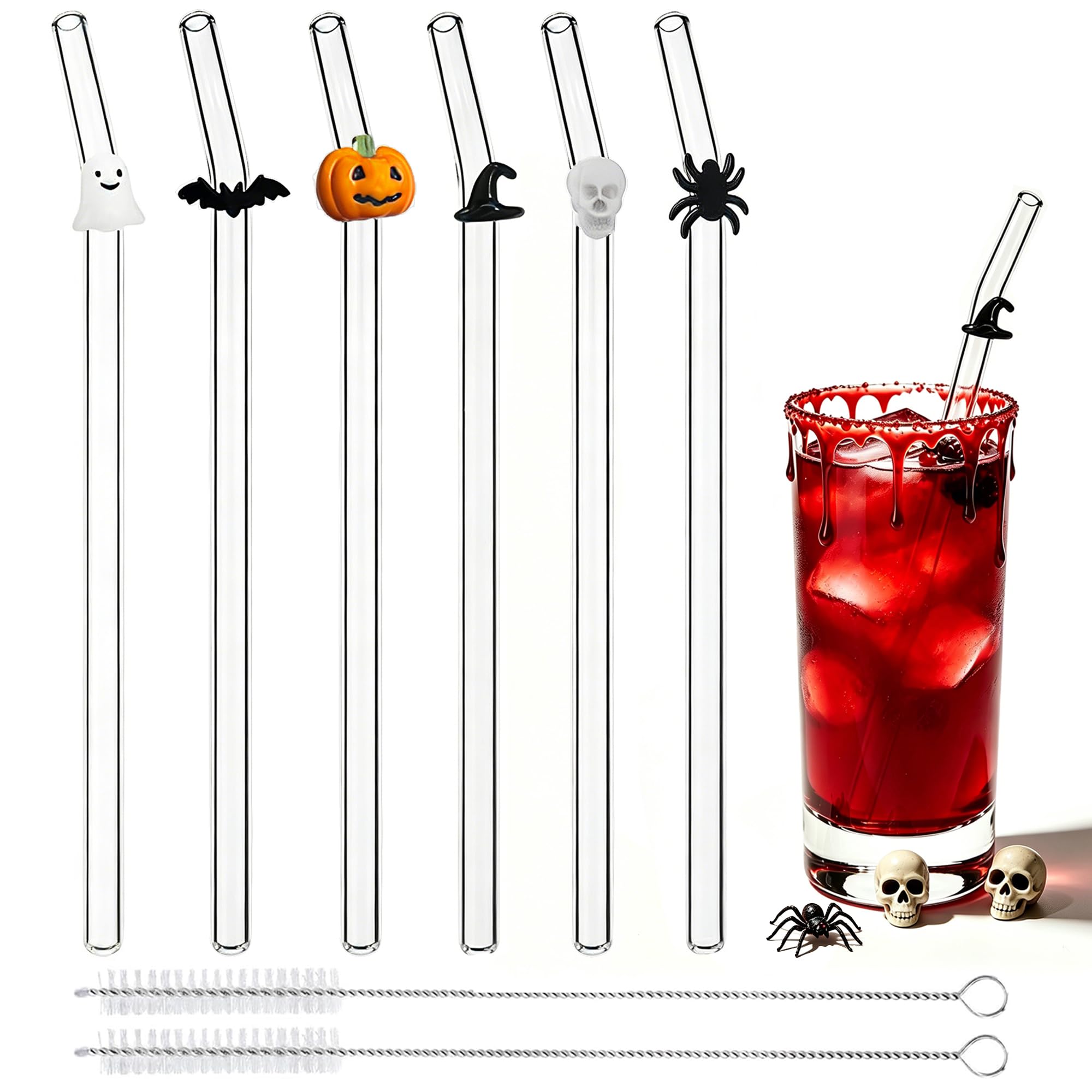 Halloween Decorative Glass Straws Set, Reusable Bent Drinking Straws