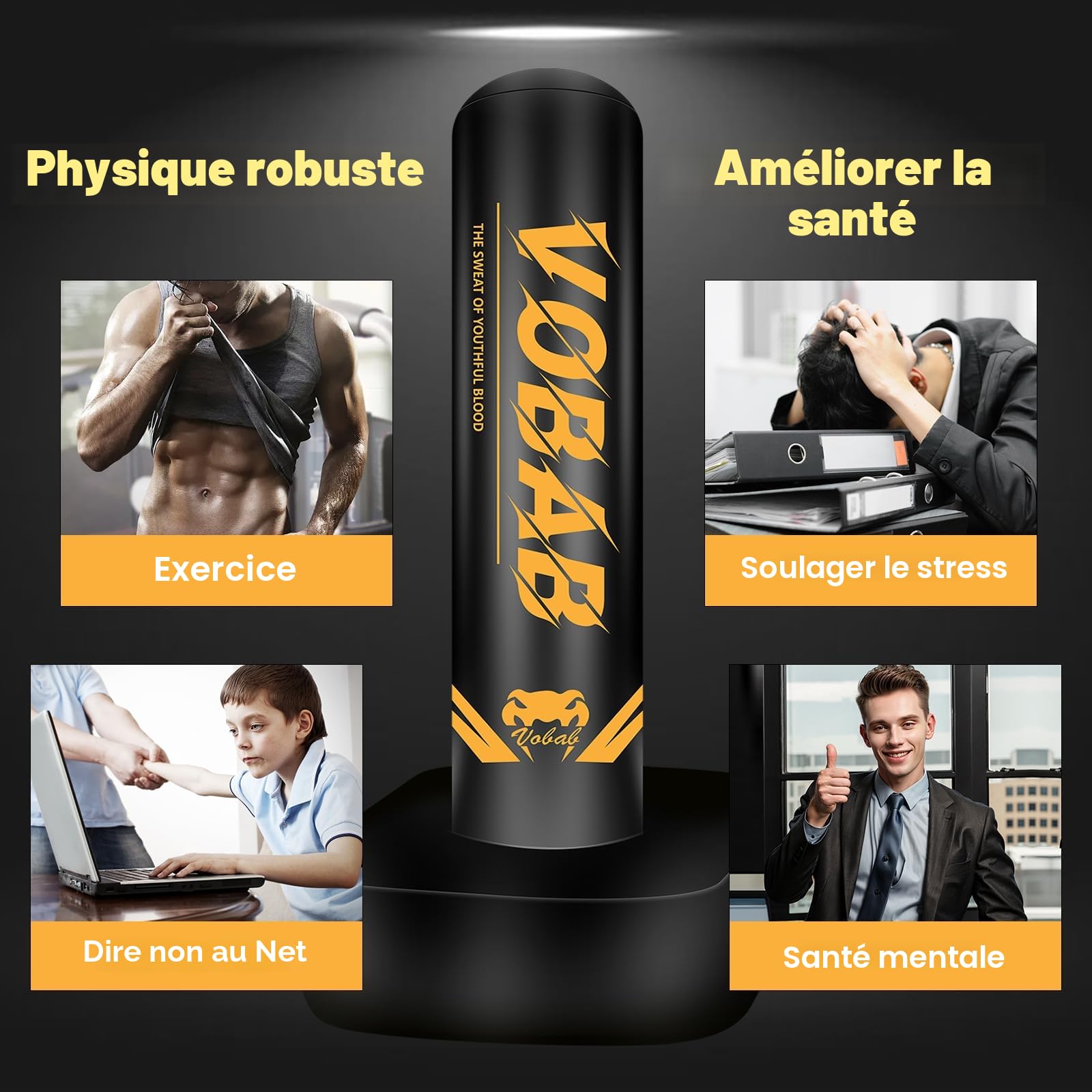 Sac de frappe autoportant, 175 cm de hauteur, conçu pour l'entraînement des hommes en MMA, Muay Thai et Fitness, support de sac de kickboxing gonflable idéal, équipement de boxe indispensable