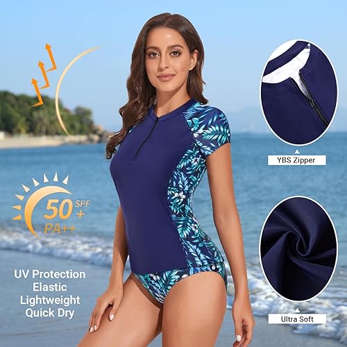 Miniatura 3 de Holipick Traje de baño de manga corta con cierre de cremallera para mujer, 2 piezas, camisetas de natación SPF con brasier integrado