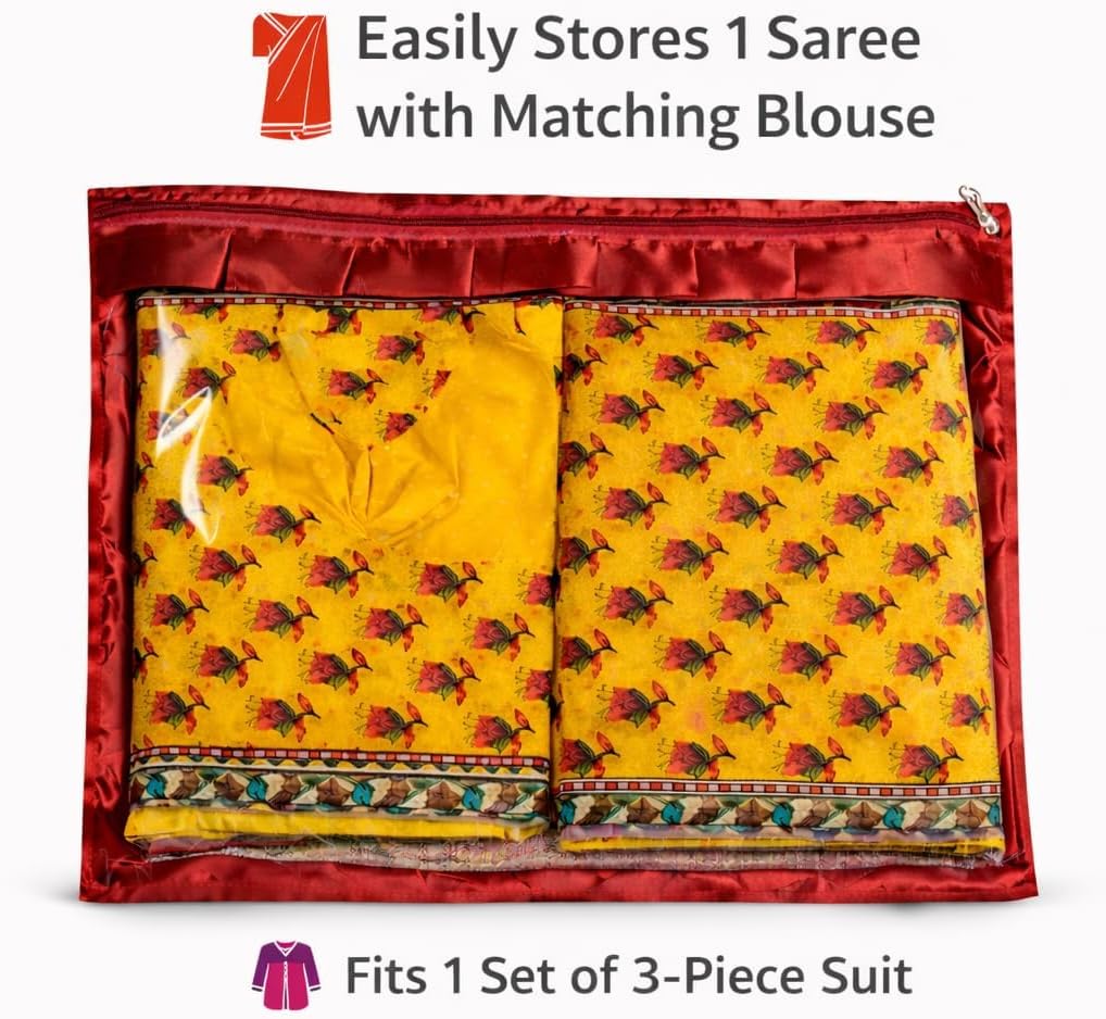 Saree Storage Bags, Pack of 3, 14 x 17 Inch Quilted Satin Saree Organizer with Transparent Window, Zipper Closure, Dustproof Closet Storage for Silk, Cotton & Designer Sarees