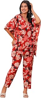 MANHAREE | Women's Floral Red Printed Cotton Cord Set |Kaftan & Pant Set |Lounge wear for Women Price In India