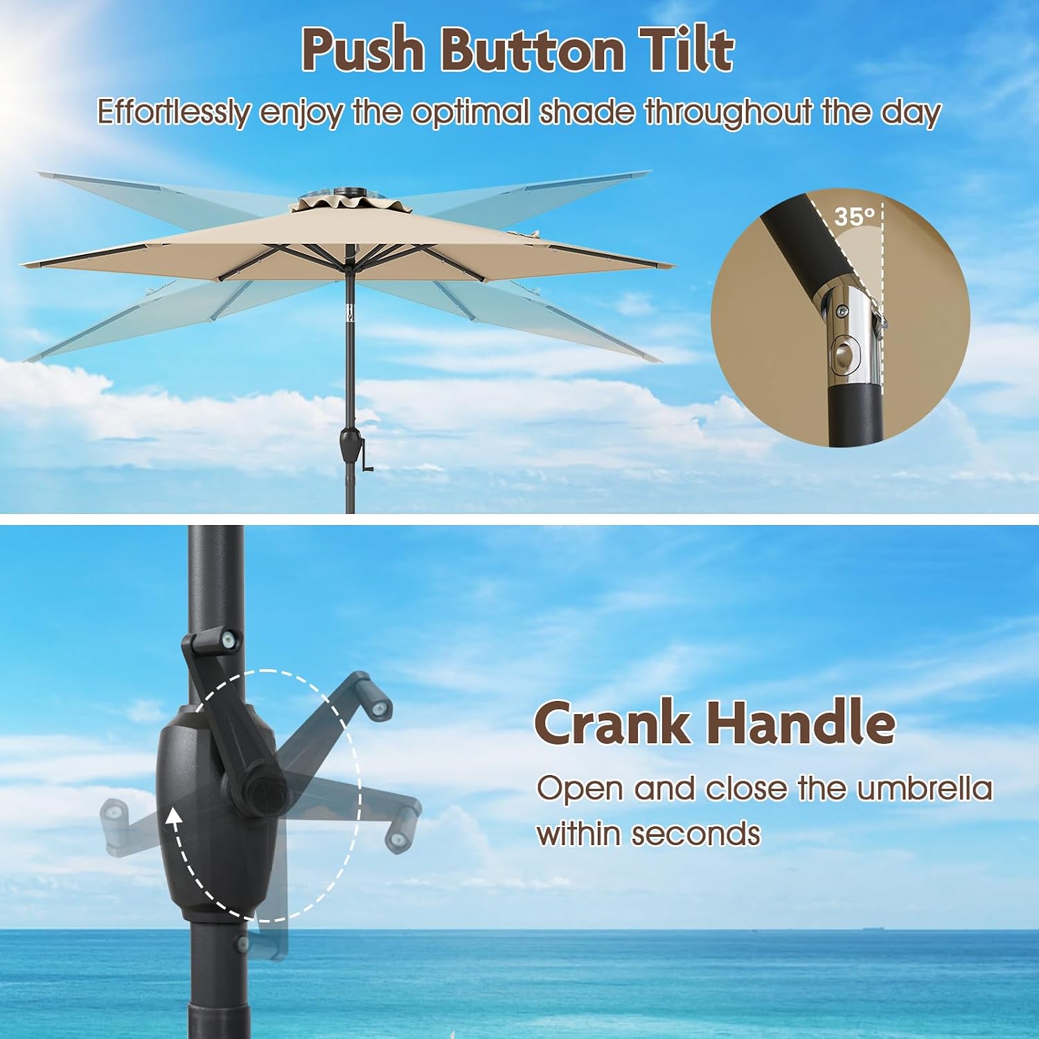 Tangkula 7.5FT Solar LED Patio Umbrella, Outdoor Heavy Duty Market Table Umbrella with 18 LED Lights, Push Button Tilt, Crank Handle, Vented Top for Deck Pool Garden (Beige)