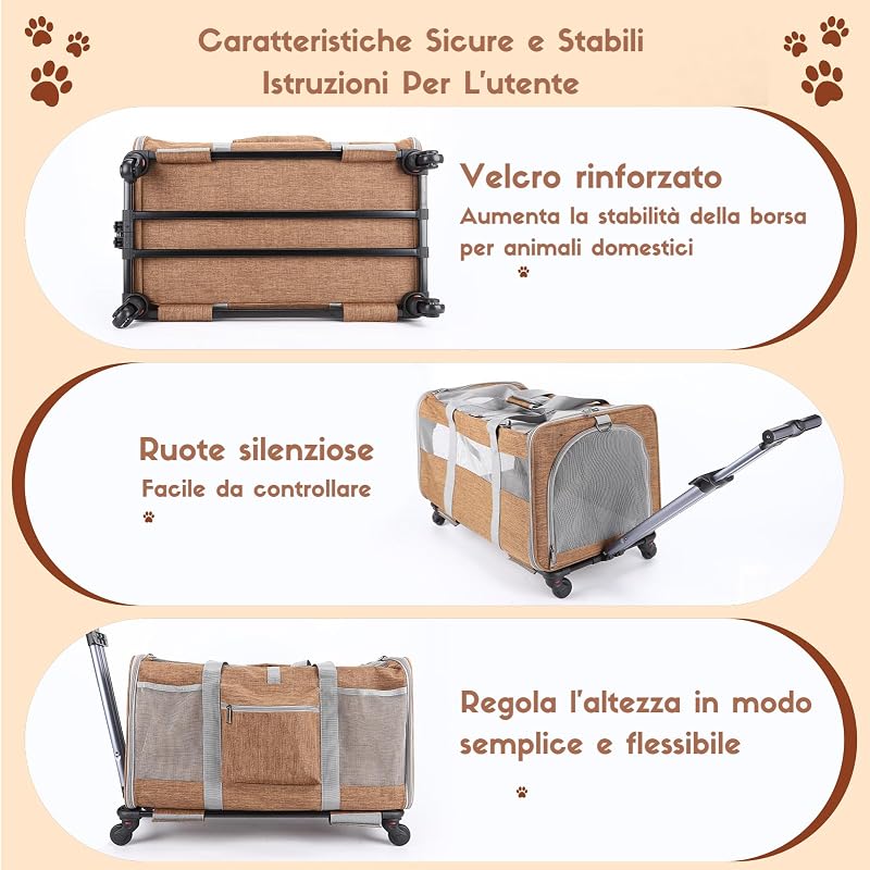 Cușcă de transport Mikky Brown cu două compartimente pentru pisici și câini de talie mică, cu roți, pliabilă, complet ventilată, pentru 2 animale