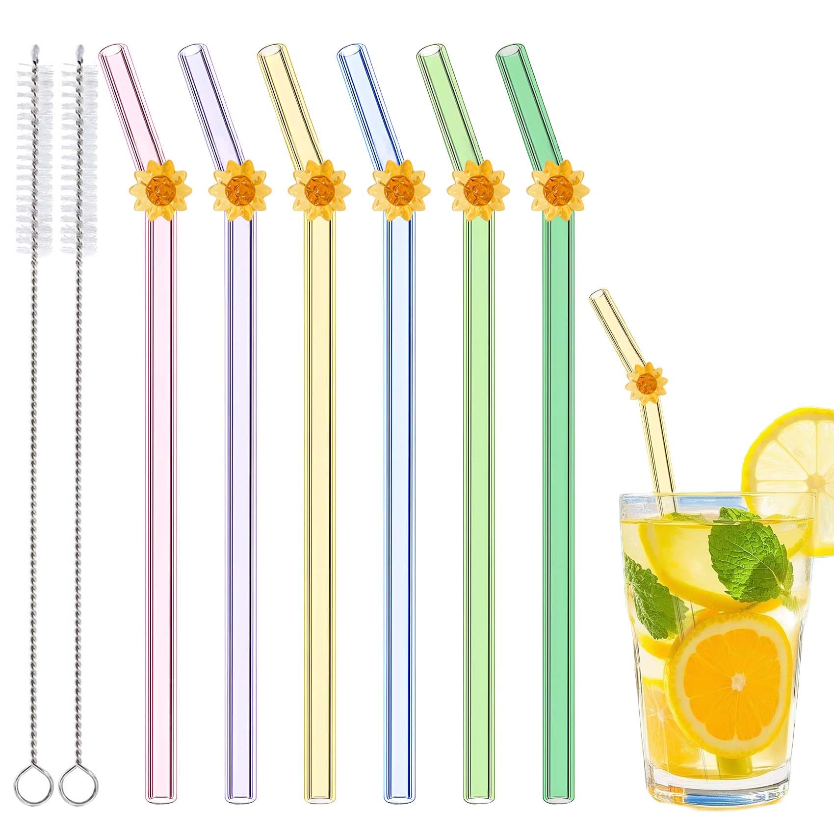 Eremaoy 6-Piece Glass Straws Set, Colorful Sunflower Design, Reusable with 2 Cleaning Brushes, Ideal for Coffee Milkshakes