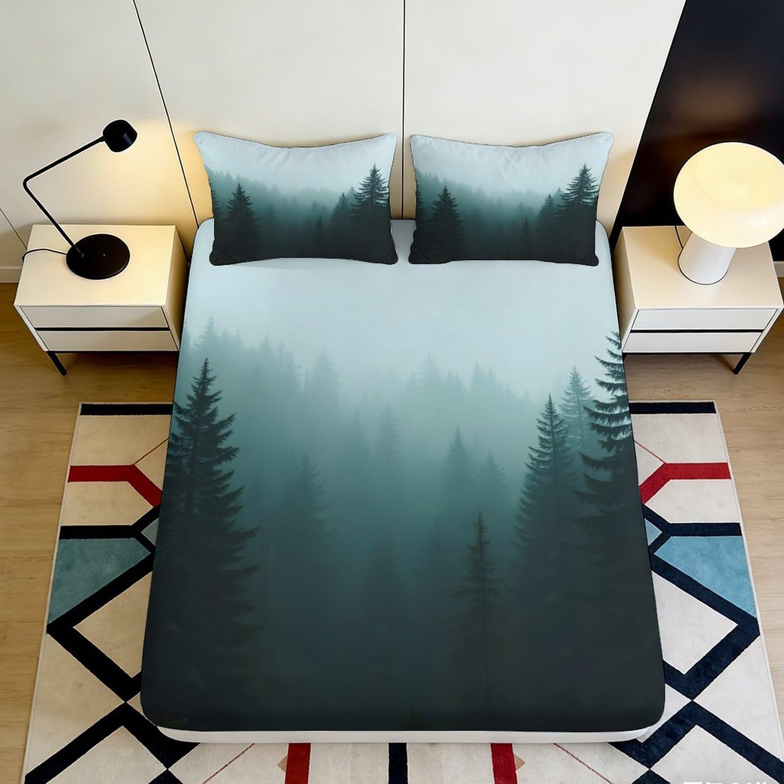 3D Printed Misty Forest Fitted Sheet Microfiber Soft Breathable Foggy Pines Mattress Cover for Bedroom Dormitory Guest Room Mattress Protection Decor 180x200x25cm