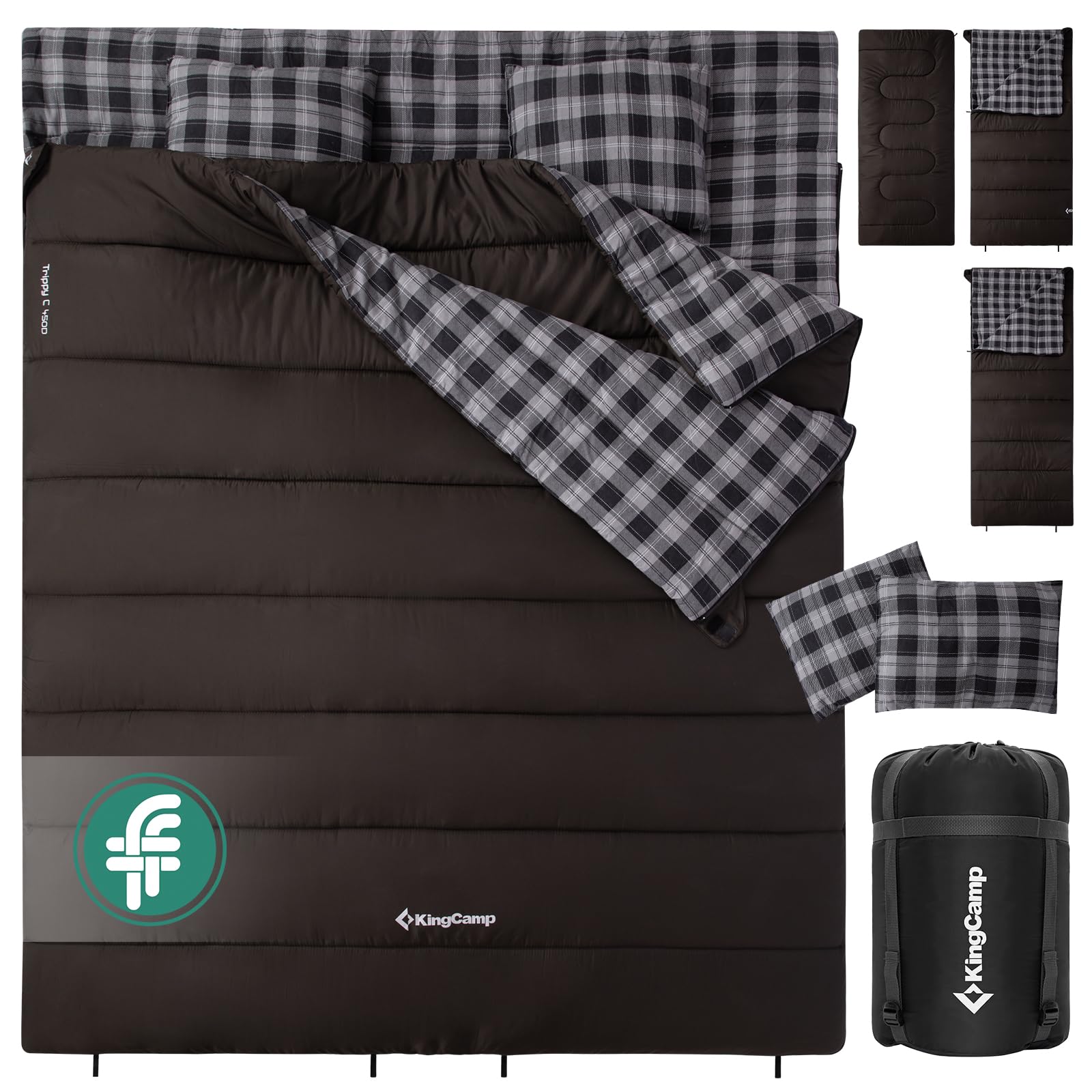 KingCamp Double Sleeping Bag 100% Cotton Flannel Lining, 3-in-1 Blanket