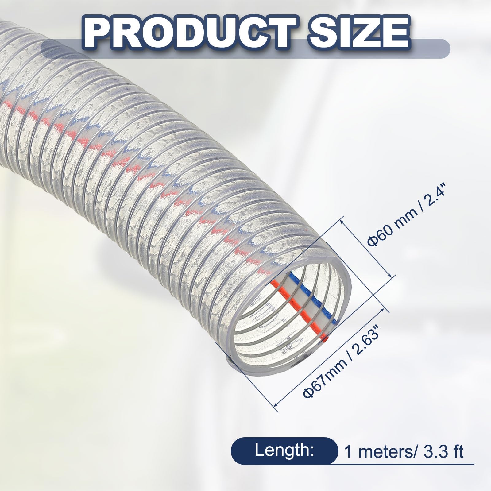 PATIKIL Manguera Reforzada Con Alambre De 2-3/8" / 60 mm De Diámetro Interno 1 Metro Tubo De PVC Vinilo Resistente Con Alambre De Acero Transparente
