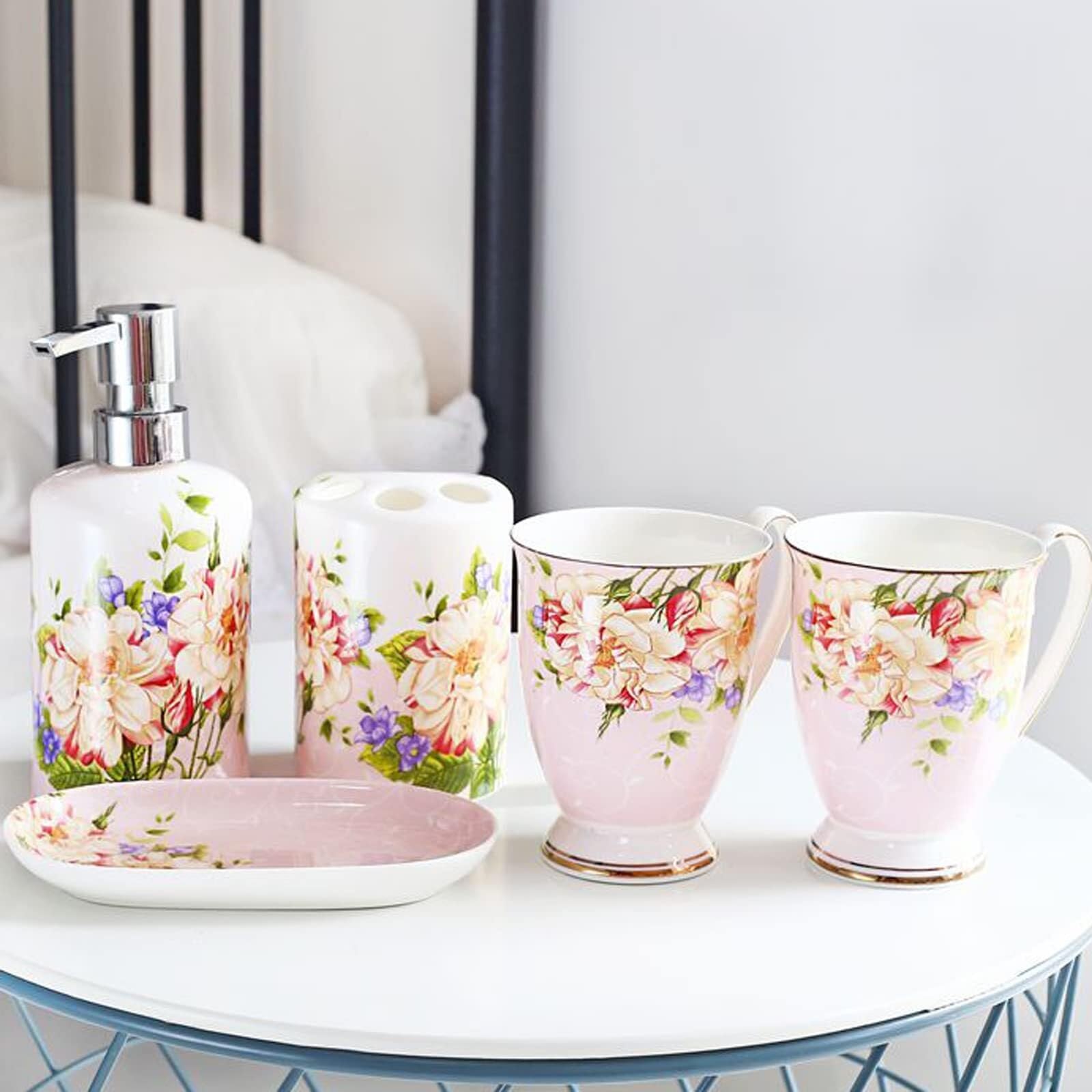 Zestaw akcesoriów łazienkowych 5-częściowy nowoczesny ceramiczny zestaw akcesoriów łazienkowych z dozownikiem mydła, uchwyt na szczoteczkę do zębów, naczynie 4 szt. antyczny wystrój (B)