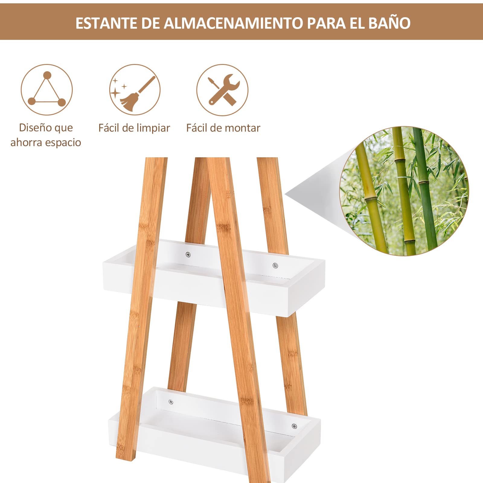 kleankin Estantería de Baño de Bambú Forma de A 30x18x81cm Natural y Blanco | 3 Estantes, Estantería de Almacenaje