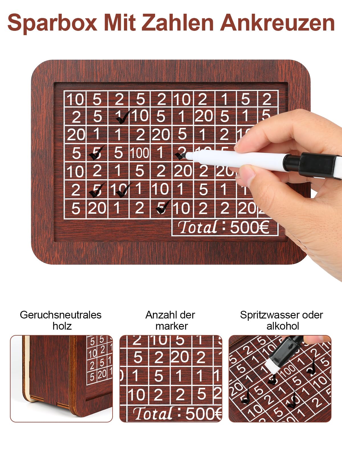 Spardose aus Holz, €500 Sparbox Retro Sparbüchse Aufbewahrungsbox, Wiederverwendbare Spardose mit Sparziel und Zahlen zum ankreuzen für Spar Challenge
