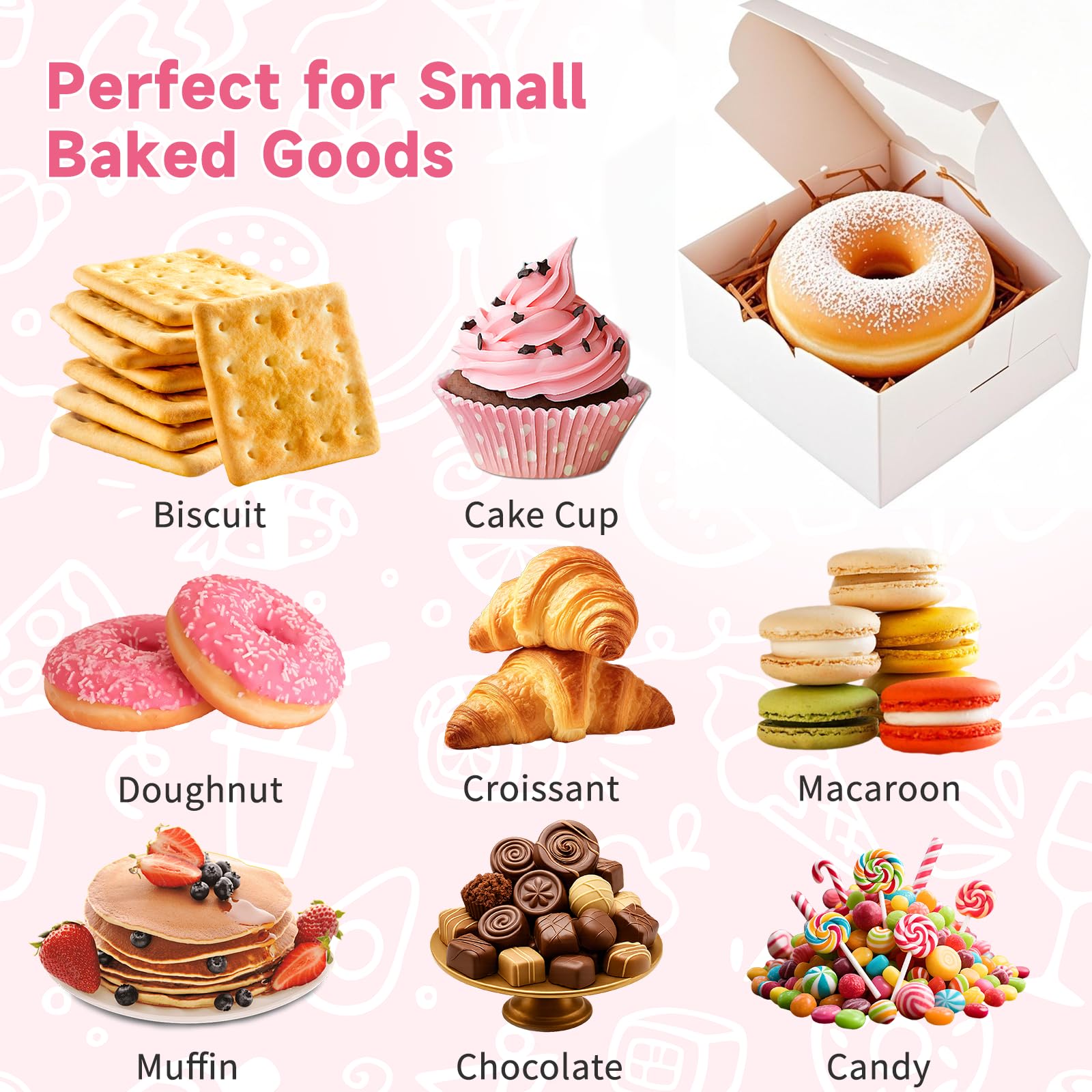 LTWQLing 50pcs White Cookie Boxes,4x4x2.5 Inches Bakery Boxes with Window,with Stickers, for Mini Cake Treat Dessert Pastry Donuts Macaroon Strawberries Chocolate Candy