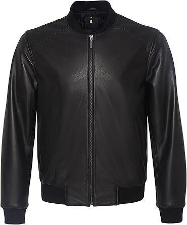 Bigardini Mens Leather Bomber Jacket - Genuine Lambskin Leather Jacket for Men - Black
