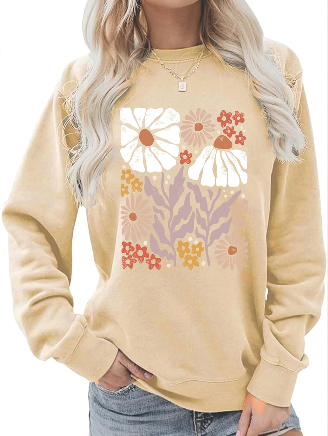 Flower Sweatshirt Women Wildflower Shirts Vintage Minimalistic Flower Print Sweatshirt Fall Autumn Pullover Tops - Image 6